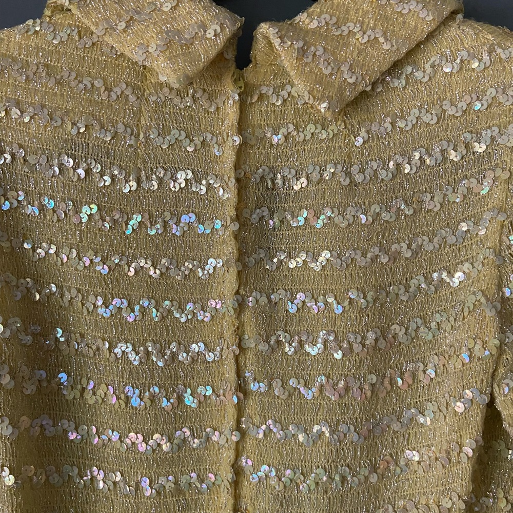 SOLD Vintage 1960s Yellow Sequin Knit Dress with Belt and Scarf - Picture 6 of 11